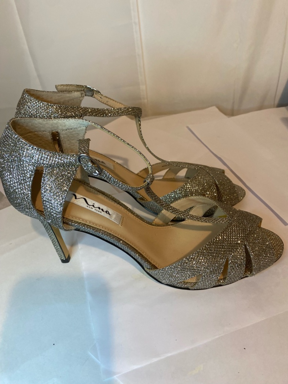 Nina Glitter T-Strap Peep-Toe Heels in Silver - Picture 4 of 16